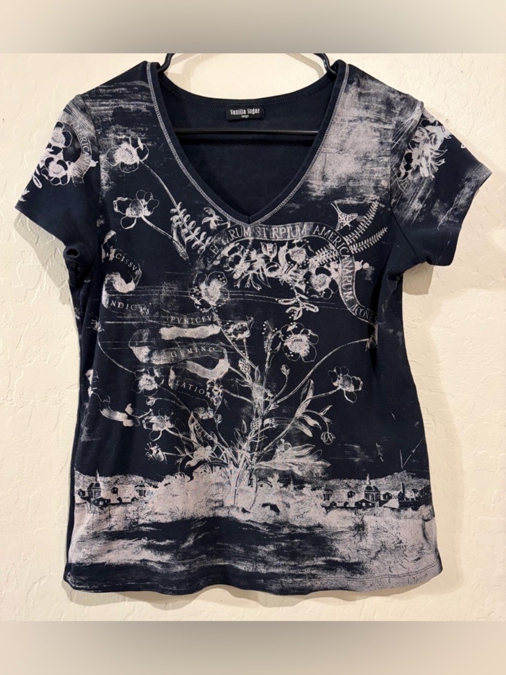 Vanilla Sugar Black Graphic Tee Floral Grunge V Neck Shirt- Size Large
